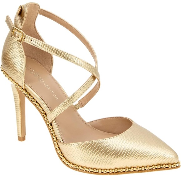 ✨💛 BCBGeneration Gold Metallic Cross-Strap Pointed-Toe Heels 💛✨ - Picture 2 of 11